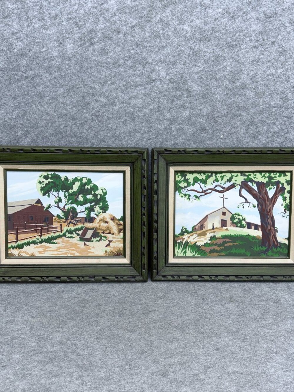 Stunning Pair of Vintage Mid-Century Paint-By-Number Paintings Rustic Frames